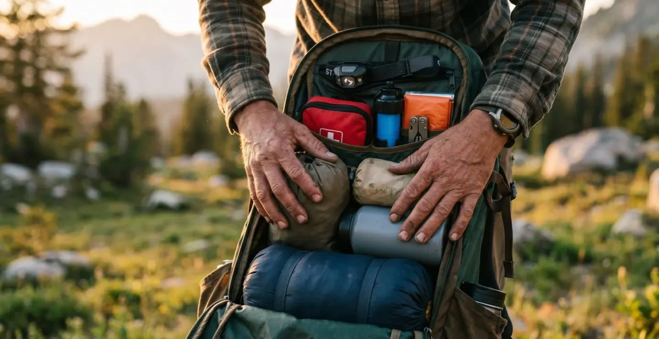 Open hiking backpack showing organized compartments with emergency supplies on top layer