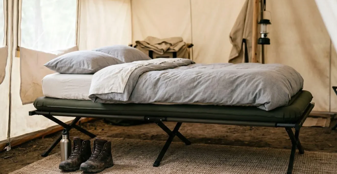 Hybrid camping sleep system combining elevated cot with padded mattress for hotel-like comfort