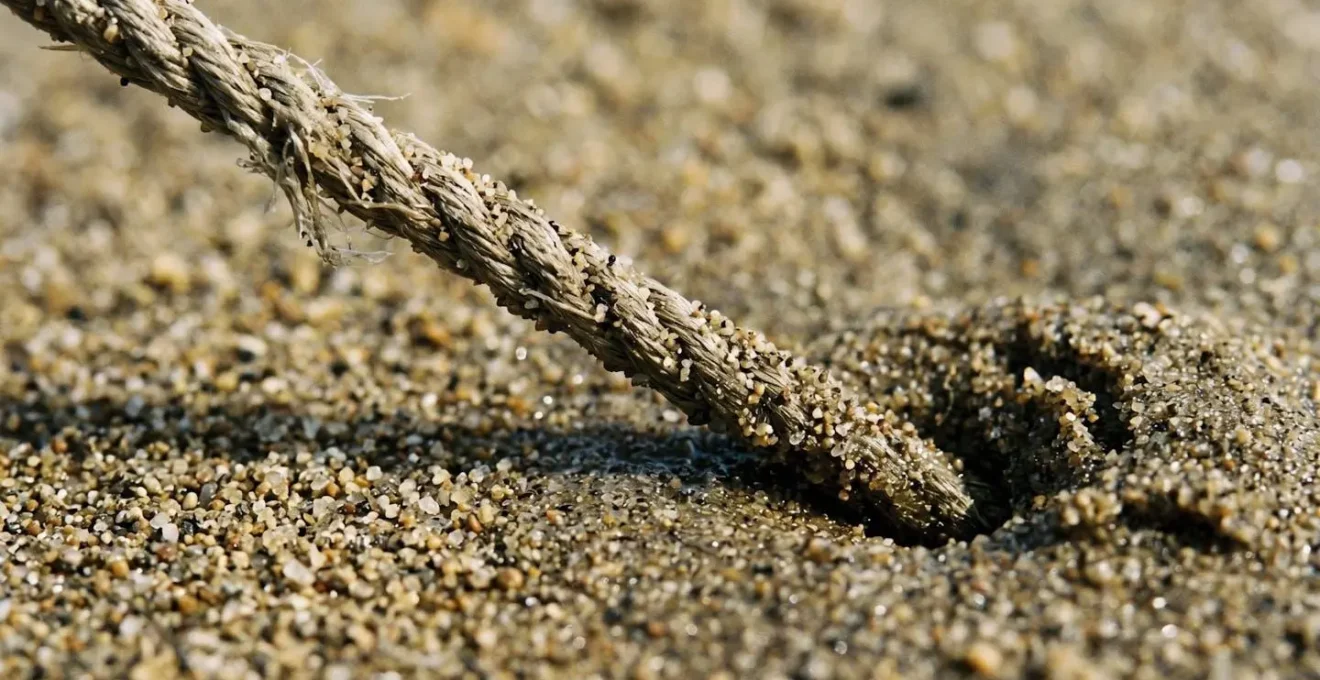 Extreme close-up of sand anchor technique showing rope tension and sand particle compression