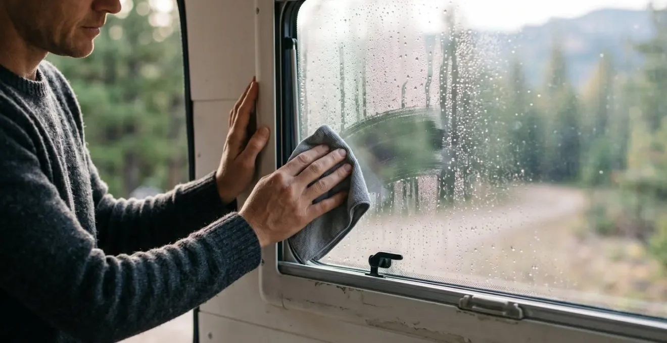 Close-up of hands wiping condensation from van window in soft morning light showing daily moisture management ritual