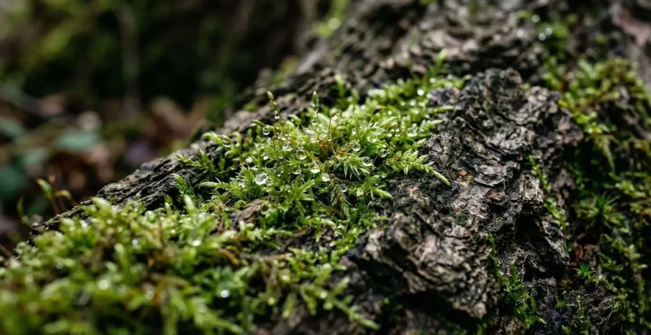 Extreme close-up macro view of forest textures showing moss and bark details for mindful observation