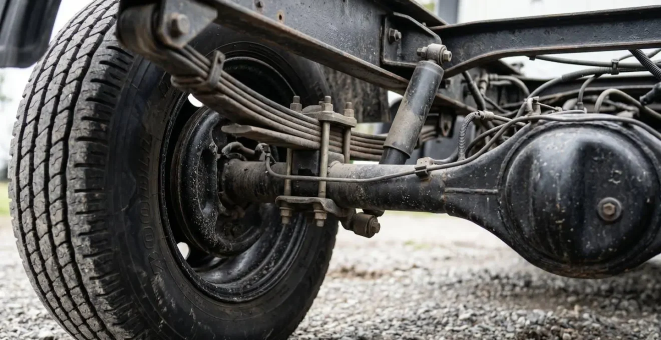 Close-up view showing the pivot point and rear overhang mechanics of a large motorhome during a turn