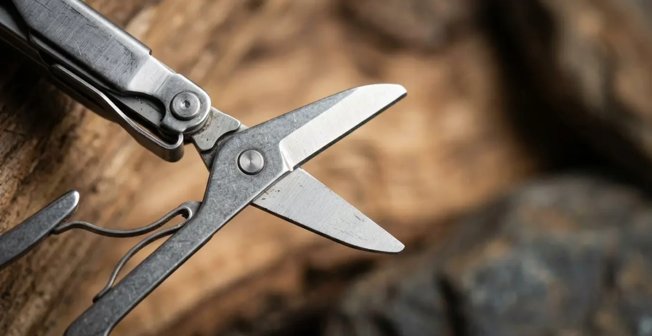Close-up macro shot of a quality multi-tool with scissors blade extended, showing functional details and craftsmanship