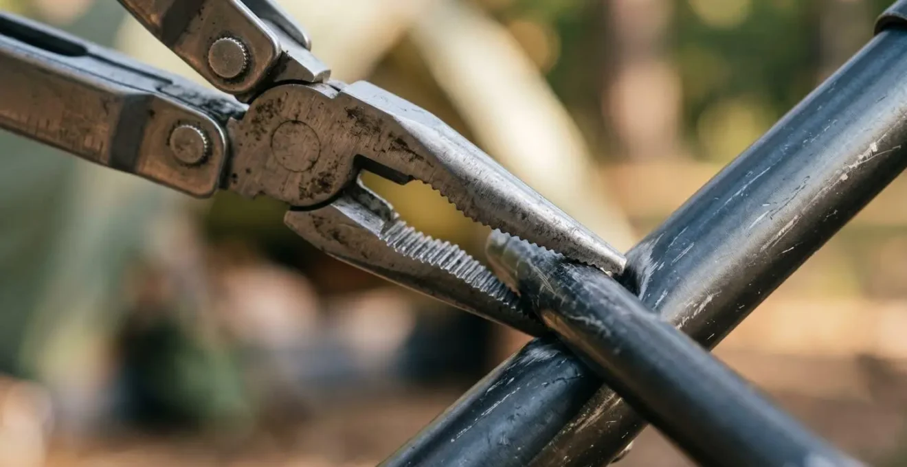 Extreme close-up of multi-tool needle-nose pliers gripping metal camping equipment with soft workshop lighting and shallow depth of field