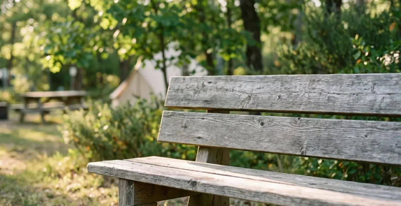 A serene outdoor wooden bench in a naturist campground setting with soft natural lighting and a welcoming atmosphere emphasizing personal space