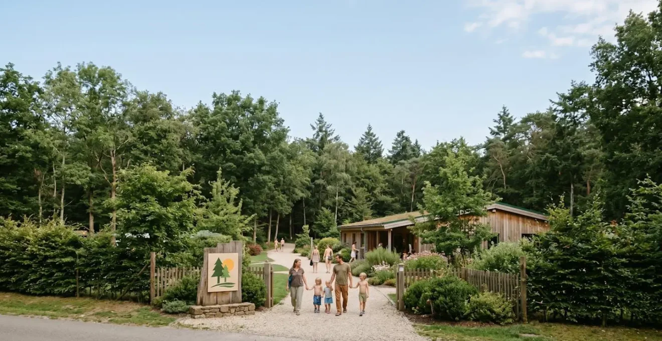 Environmental wide shot of an official naturist club entrance showing welcoming family-friendly atmosphere and professional organization