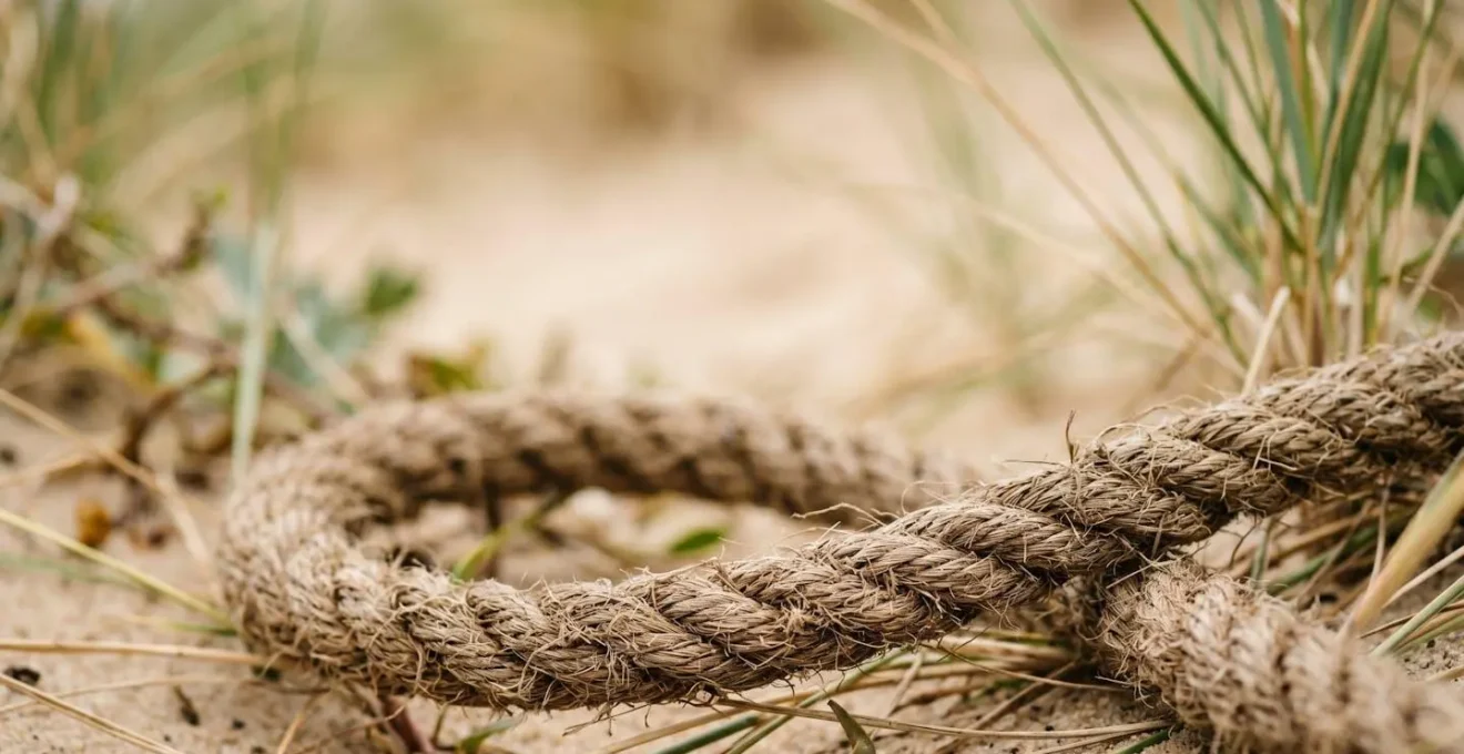 Macro detail of weathered rope boundary marker against natural landscape symbolizing structured freedom