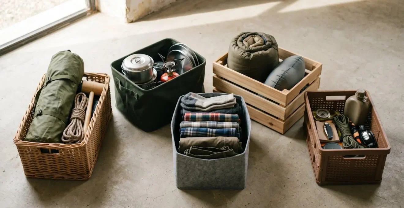 Systematic camping equipment organized in distinct category zones for efficient packing