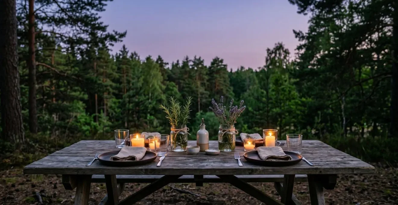 Intimate outdoor dinner setting with natural aromatic herbs and candlelight at twilight