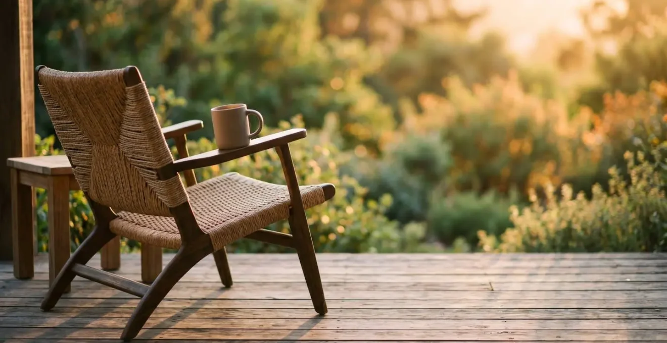 Tranquil bungalow deck at golden hour with comfortable seating and natural surroundings