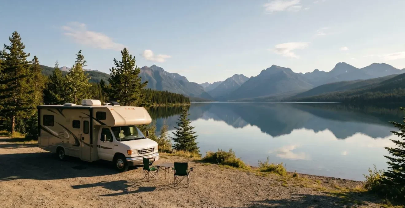 Serene wide shot of an RV parked at a lakeside campsite in afternoon light with mountains in background and ample negative space showing calm atmosphere