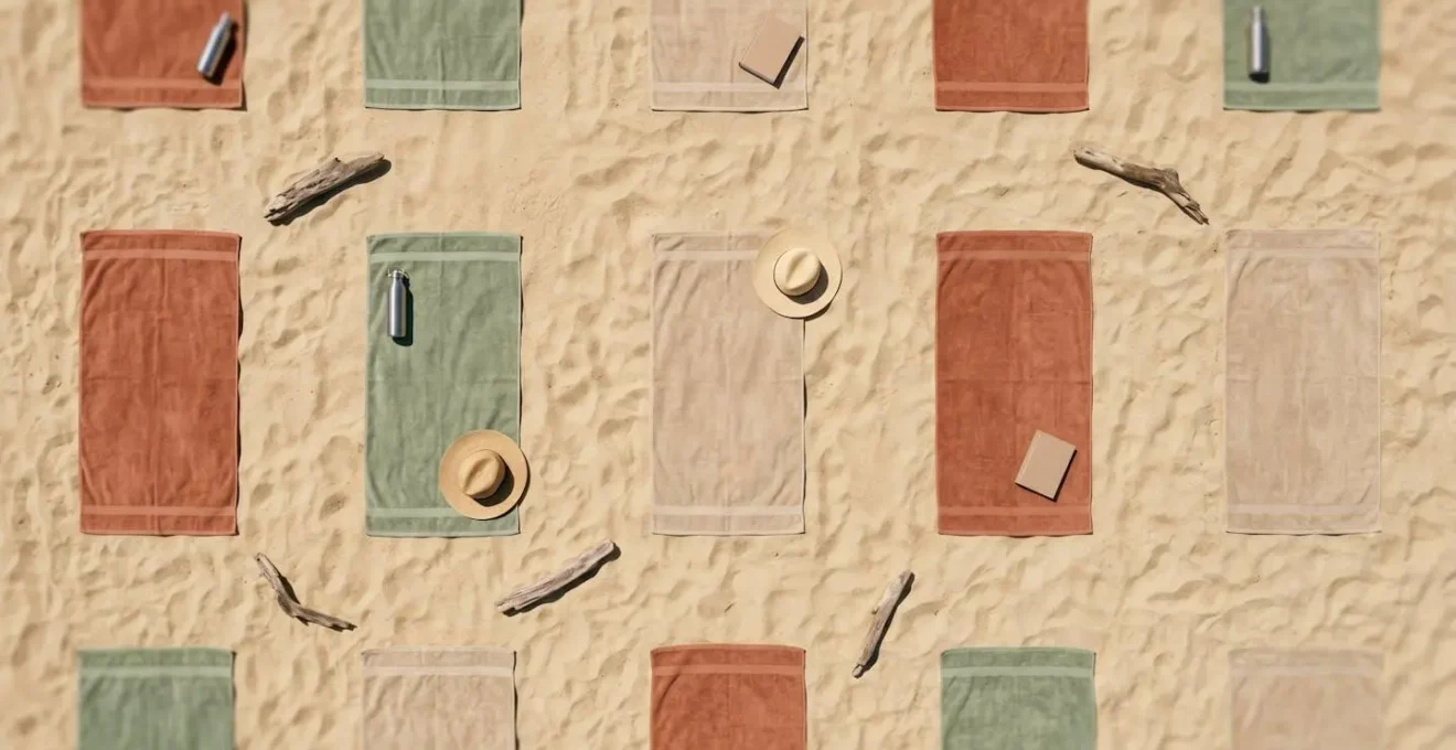 Visual representation of respectful personal space at a naturist beach setting with towels spaced far apart on the sand.