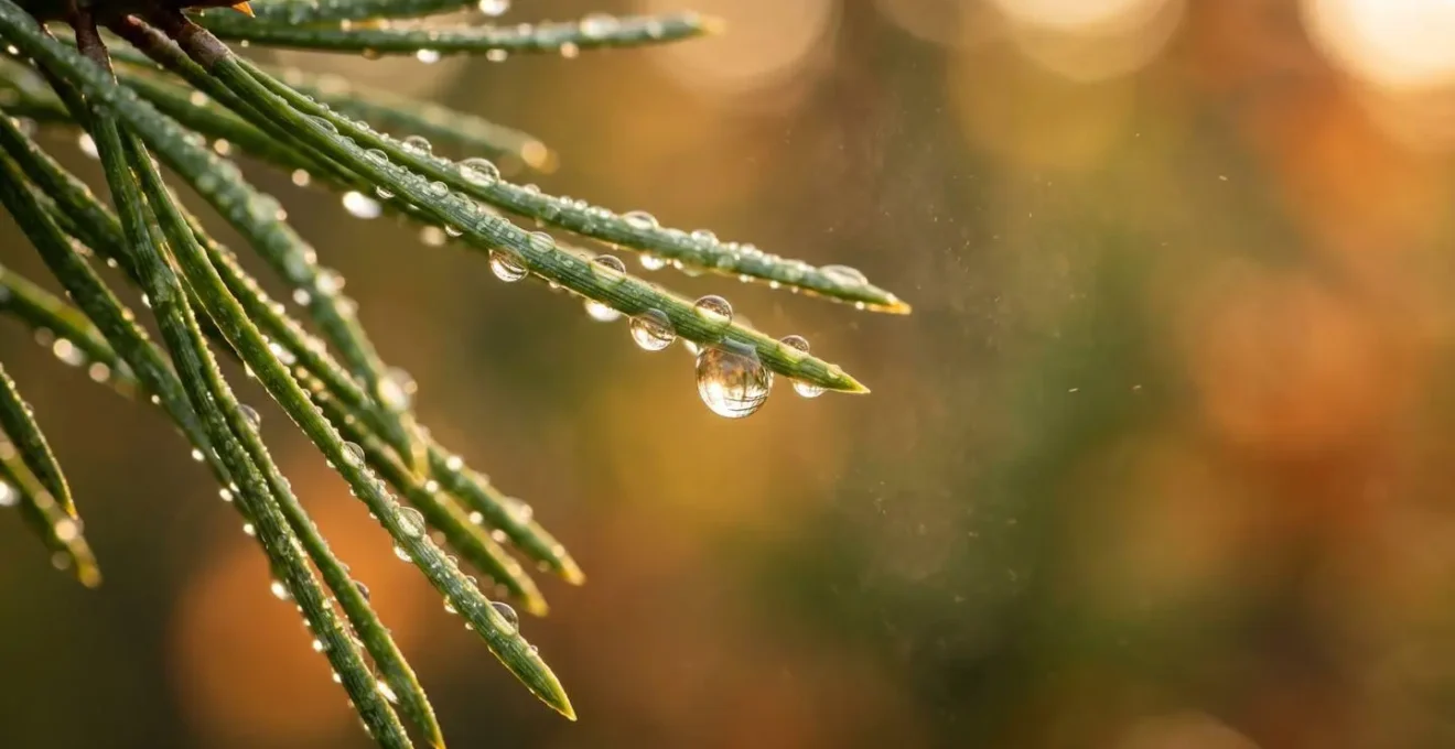 Macro close-up of pine needles with morning dew droplets capturing refractive light and subtle vapor in golden hour illumination