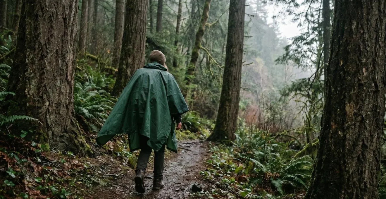 Wide environmental shot of hiker wearing poncho in misty forest showing airflow space between body and fabric