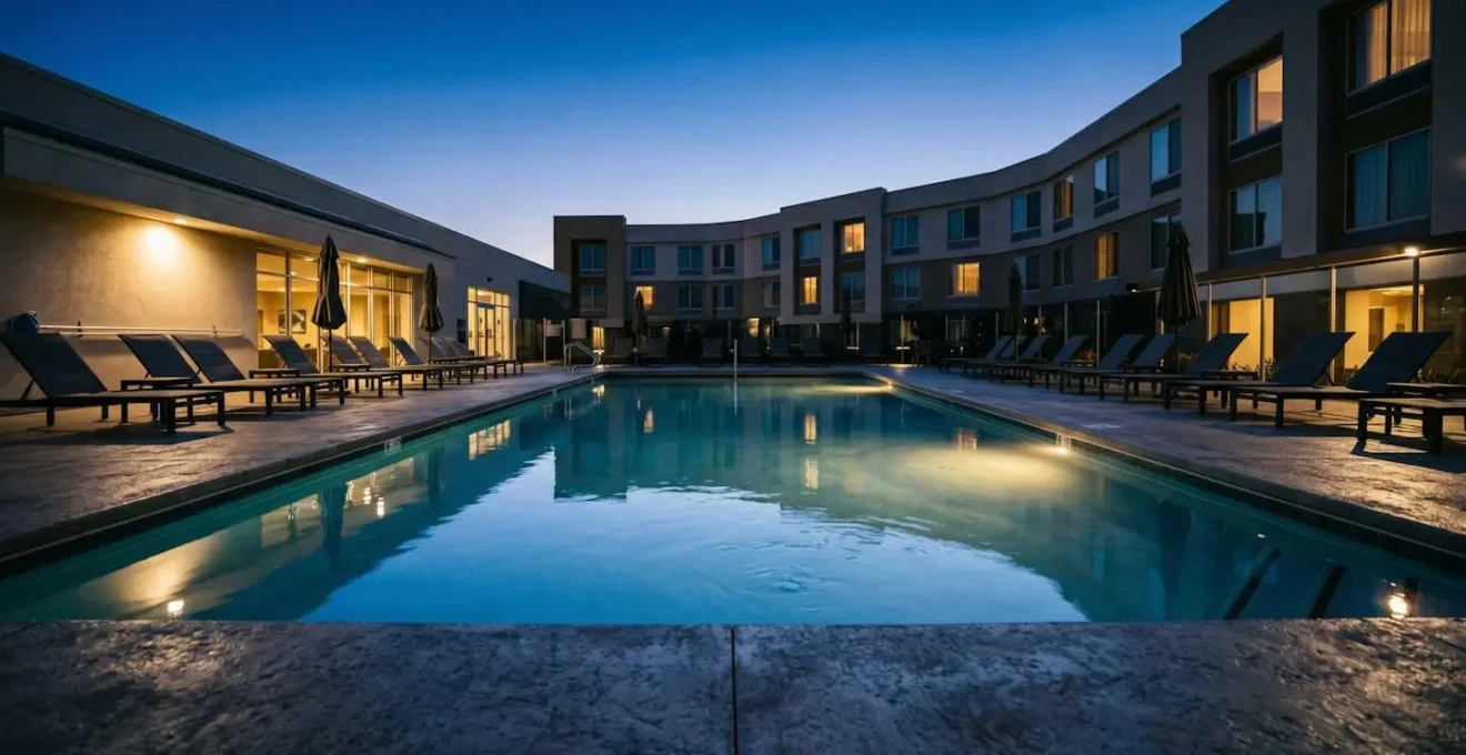 Pool deck at dusk showing concrete surfaces and water reflecting ambient light