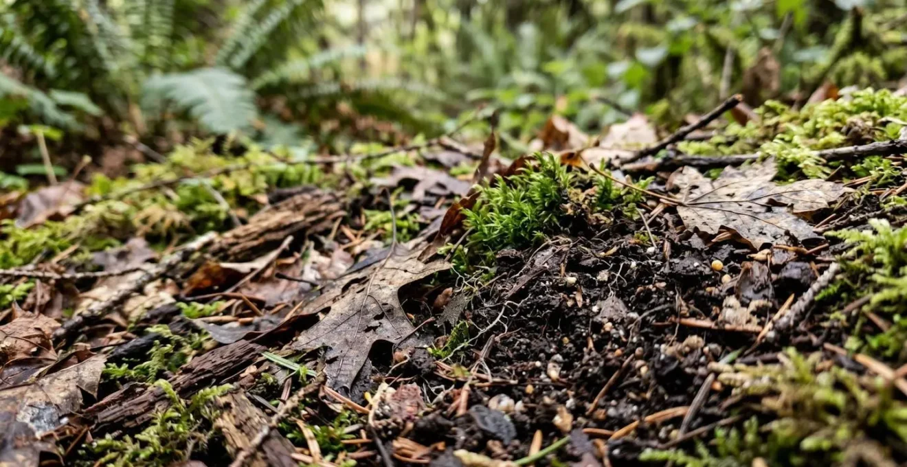 Macro view of soil and natural vegetation showing proper wastewater disposal location away from water sources