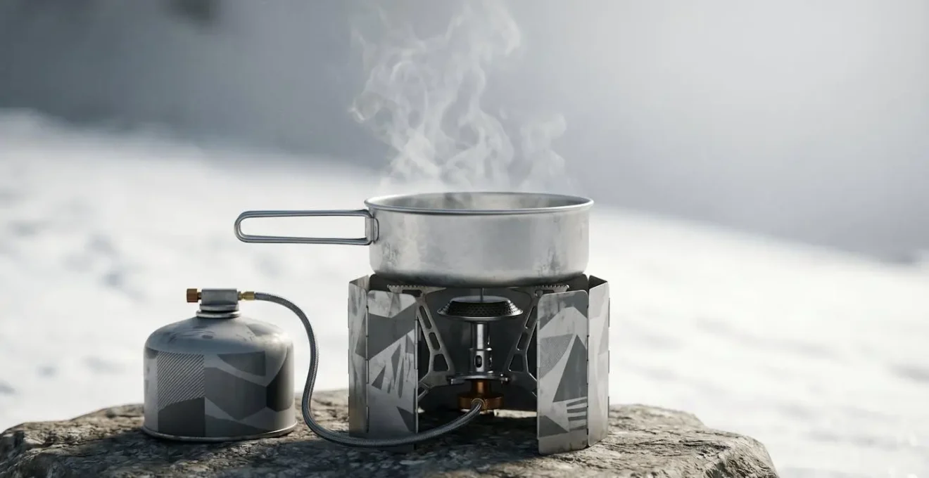 Remote canister stove setup showing inverted fuel canister connection and windscreen configuration in winter conditions