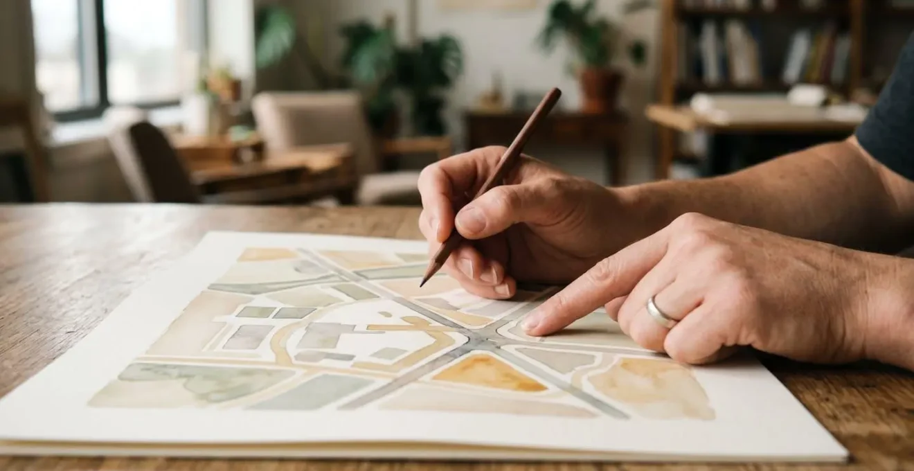 Close-up of hands marking preferred bungalow locations on a resort property map