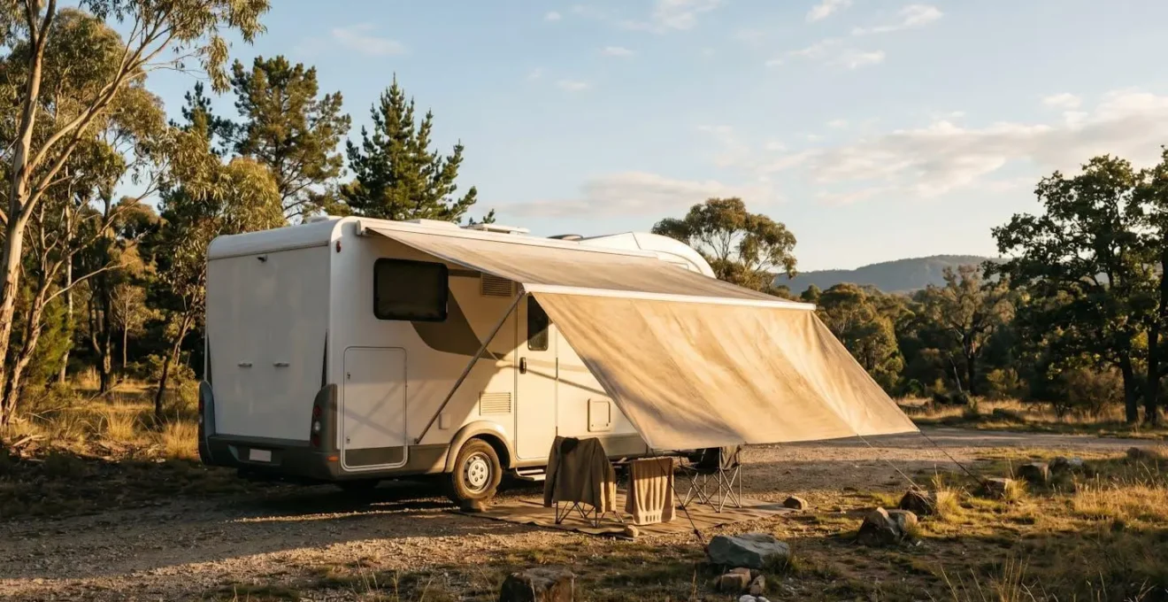 Extended RV awning fully opened and drying in natural sunlight at a campsite