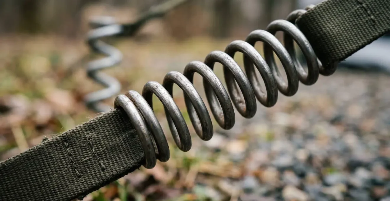 Close-up detail of shock-absorbing spring on RV awning tie-down strap showing tension mechanism