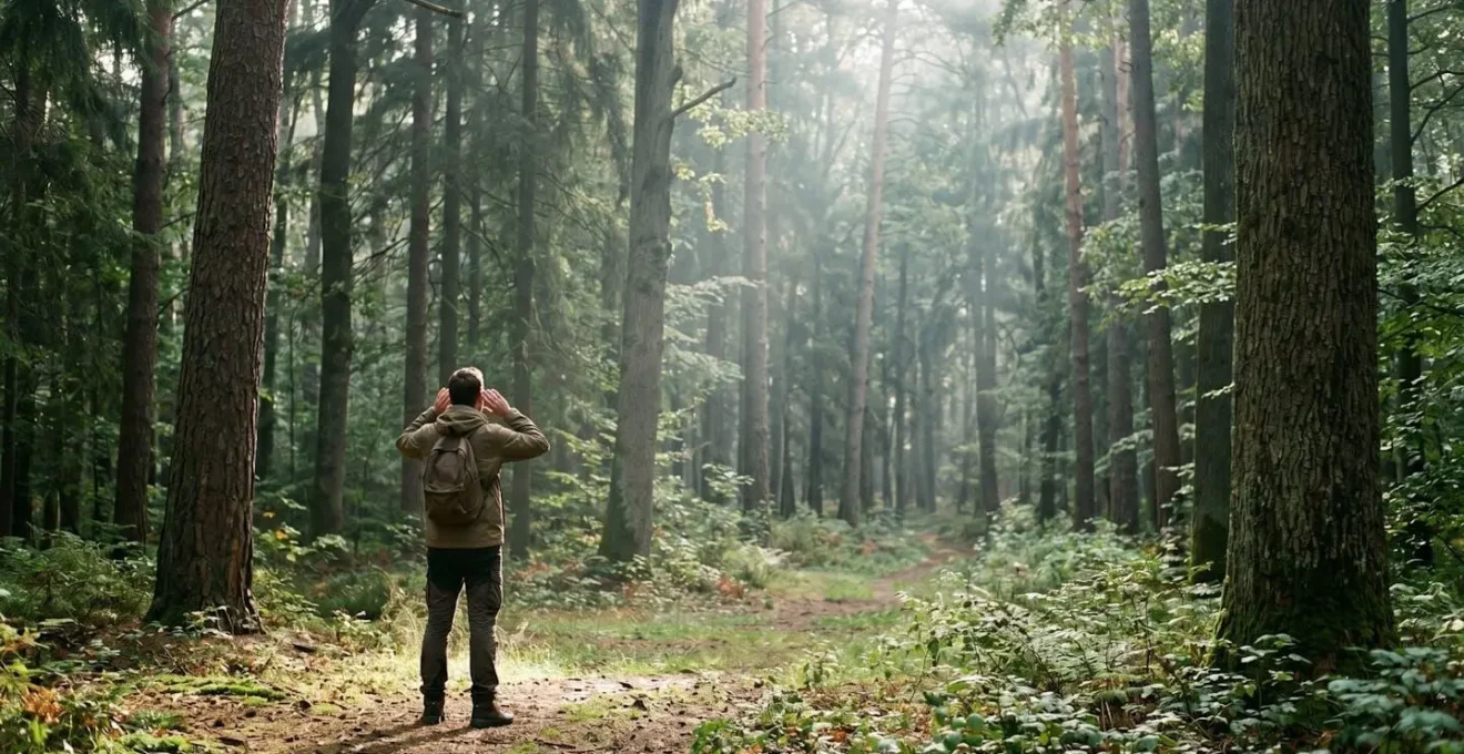 Wide environmental shot of hiker using cupped hands behind ears to amplify forest sounds while standing still in quiet woodland clearing