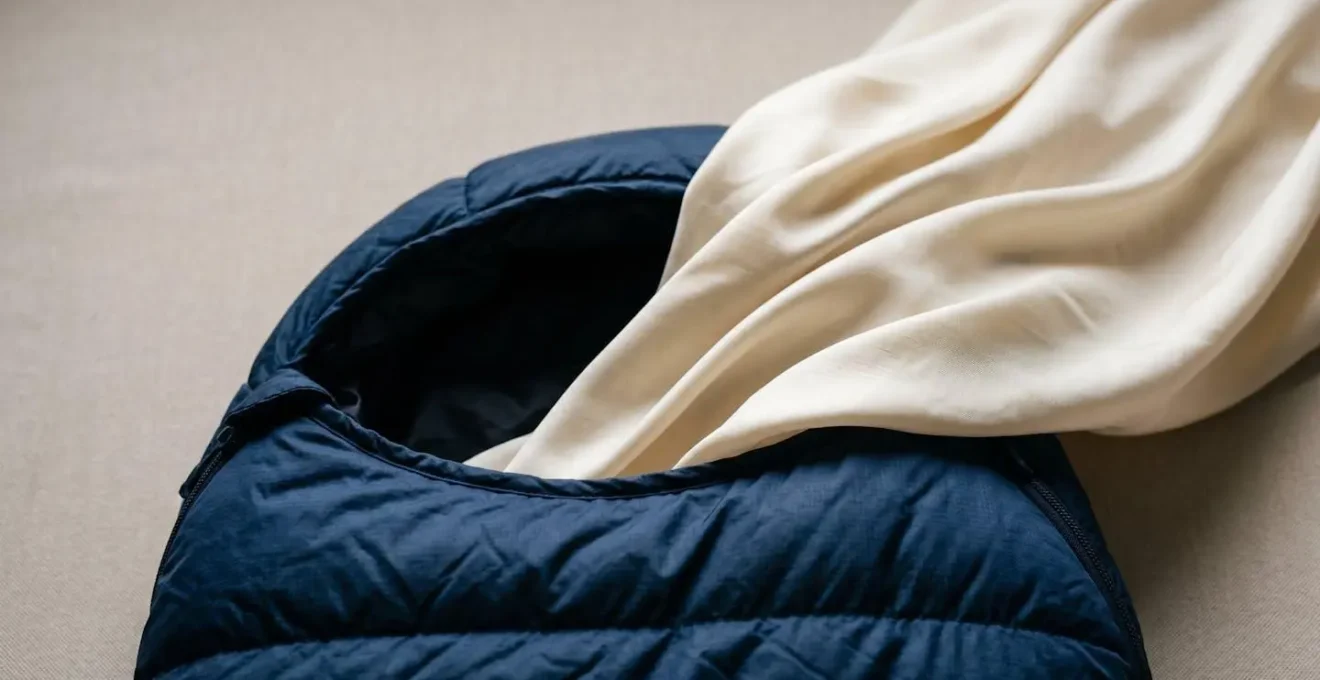 A silk sleeping bag liner partially inserted into a down sleeping bag showing the protective barrier layer