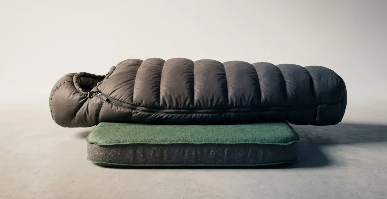 Symbolic representation of sleeping bag insulation system with sleeping pad emphasizing complete thermal protection