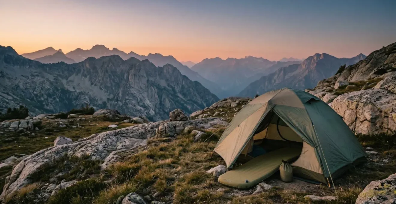 Environmental wide-angle photograph showing a minimalist mountain campsite at sunset with sleeping pad setup demonstrating proper inflation techniques