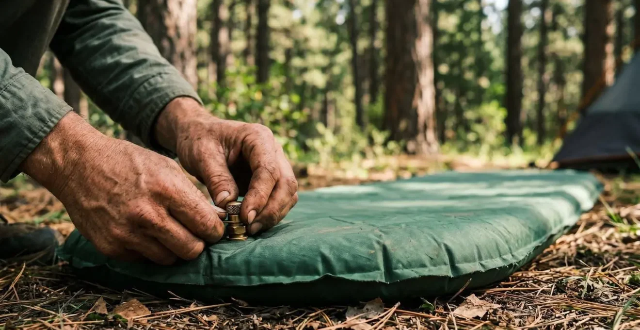 Close-up detail photograph showing hands performing emergency valve inspection on camping sleeping pad in outdoor backcountry setting
