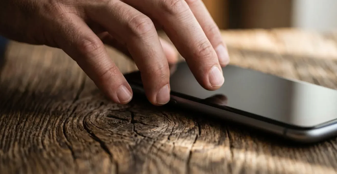 A close-up shot of a hand hesitantly reaching toward a smartphone lying on a natural wood surface, captured with shallow depth of field to symbolize the temptation and struggle of digital withdrawal