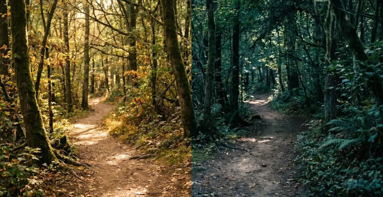 Forest path diverging into two routes with soft filtered light creating distinct atmospheric zones suggesting different approaches to forest immersion