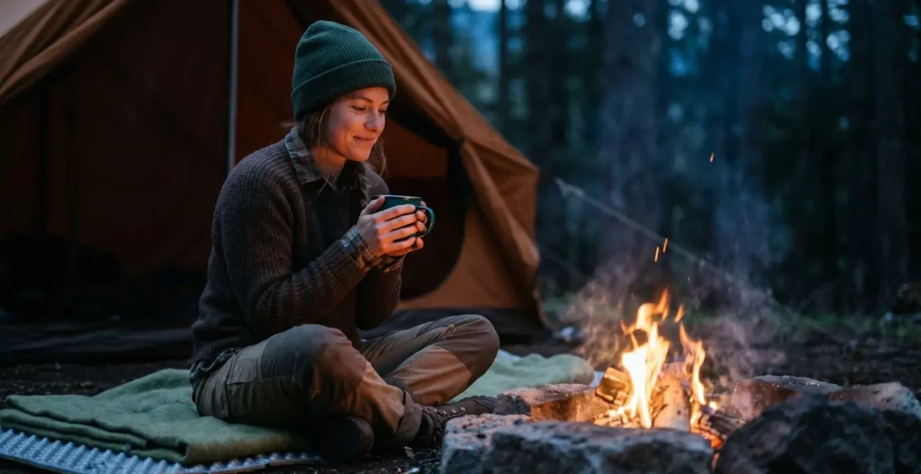 Solo female camper in moment of peaceful solitude by small campfire, engaged in mindful presence with natural surroundings