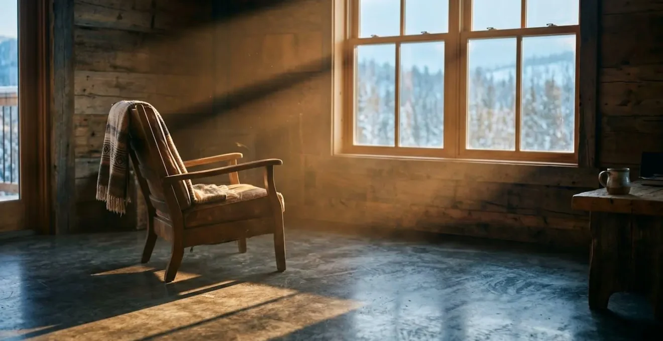 Interior view of cabin living room with south-facing window flooding space with winter sunlight