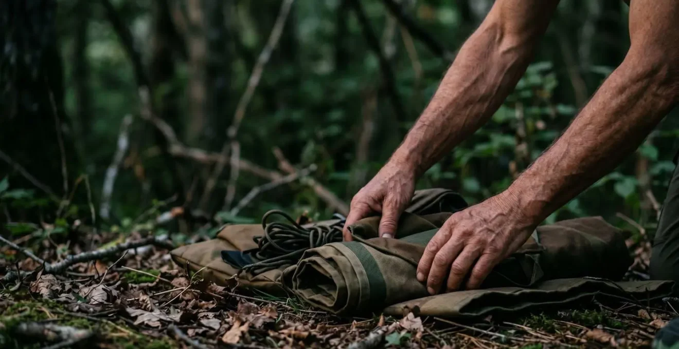 Close-up of hands setting up minimal camping gear during twilight in shadowed forest clearing