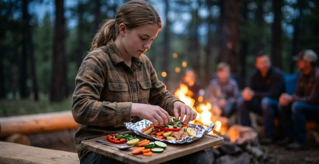 Teenager confidently preparing gourmet foil packet meal over campfire with natural ingredients