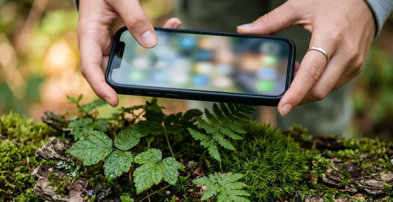 Teenager using smartphone as a scientific tool to identify plant species during outdoor camping activity