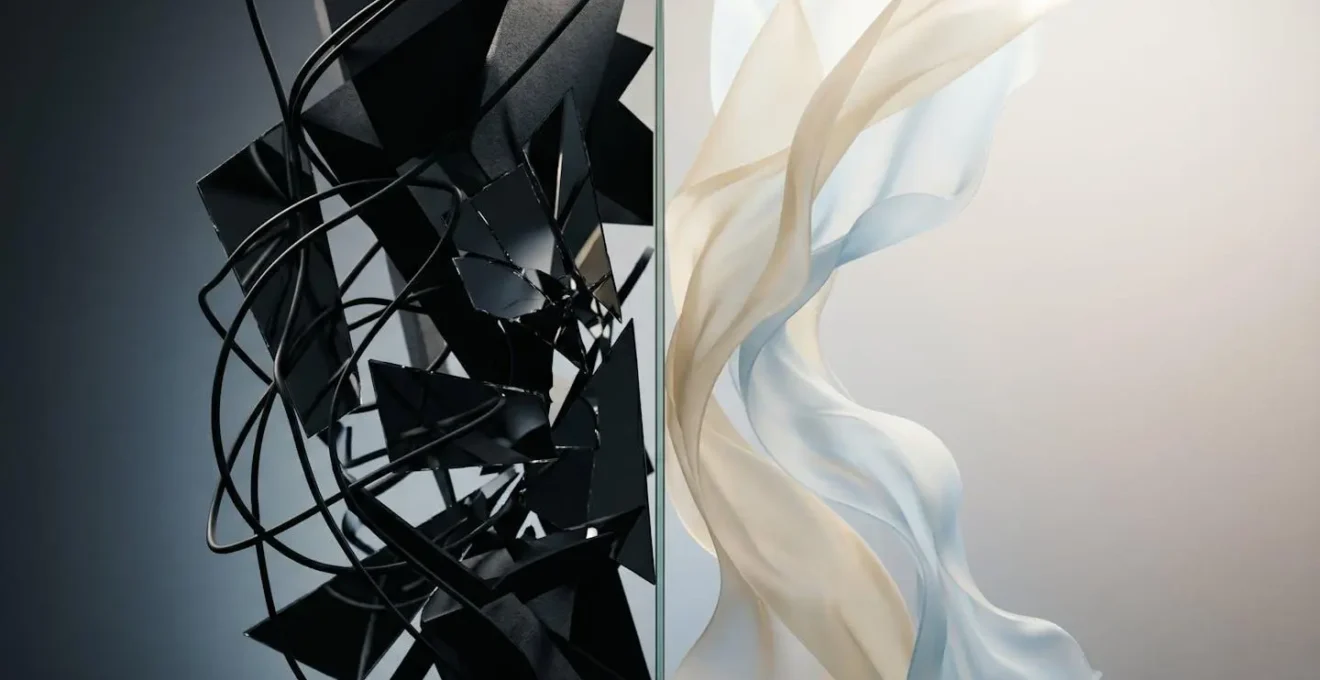 Abstract visual metaphor contrasting digital social pressure with natural freedom through symbolic elements