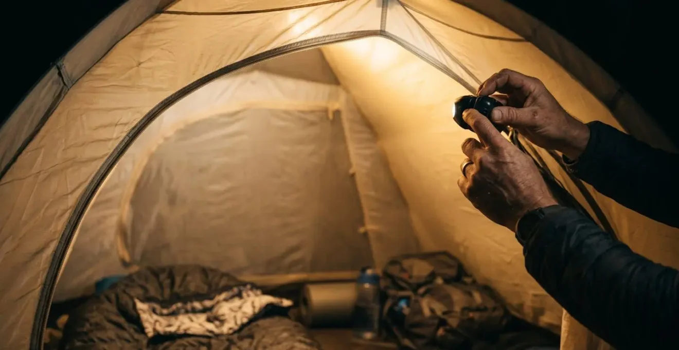 Soft diffused lighting inside camping tent creating warm atmosphere through bounce lighting technique