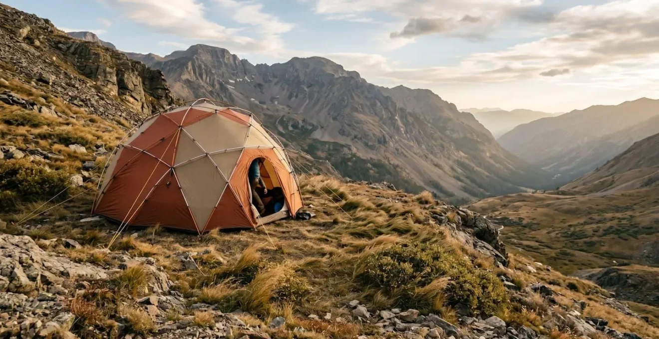 Aerial view showing optimal tent positioning with door facing away from prevailing wind direction