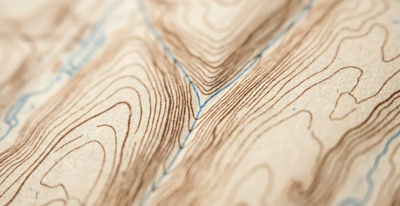 Extreme close-up of topographic map showing V-shaped contour patterns indicating water drainage