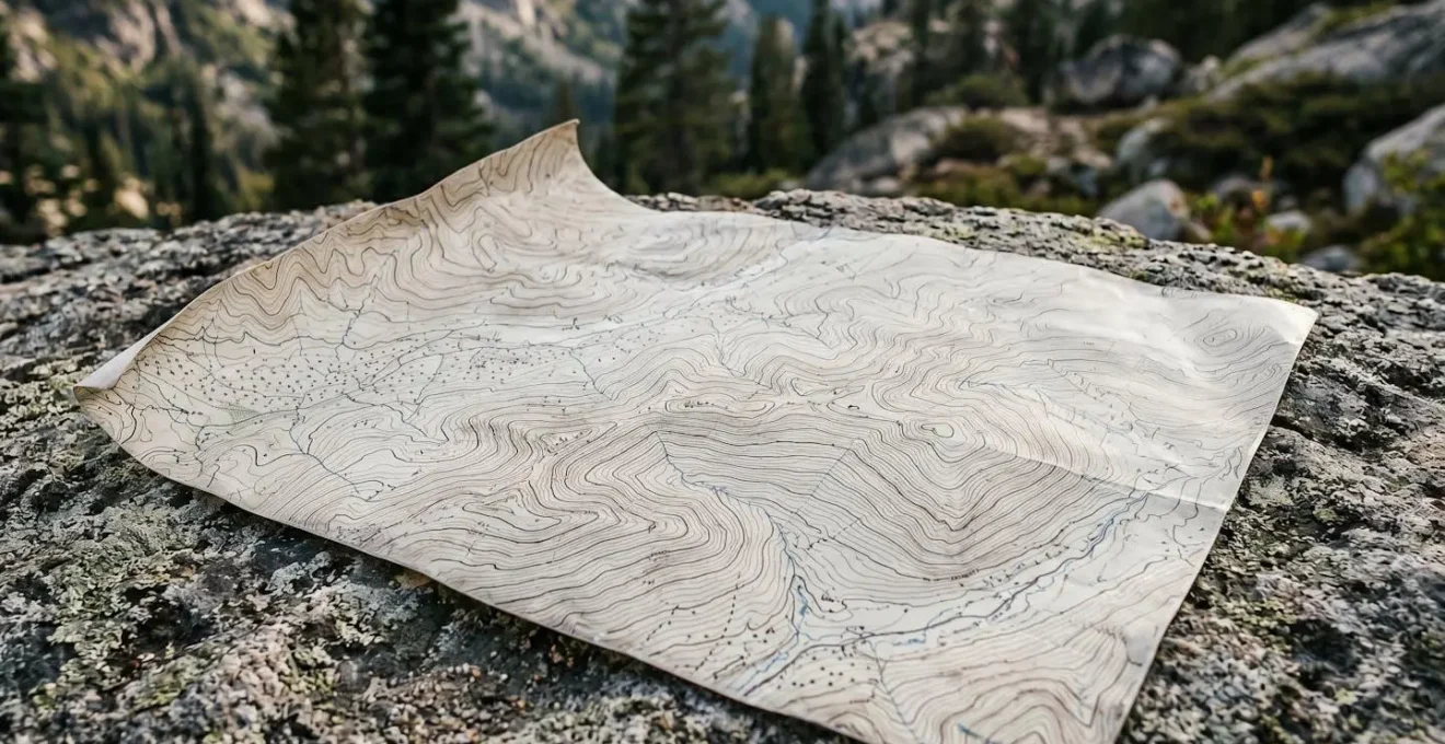 Topographic map spread on outdoor surface showing contour lines and water features with natural lighting