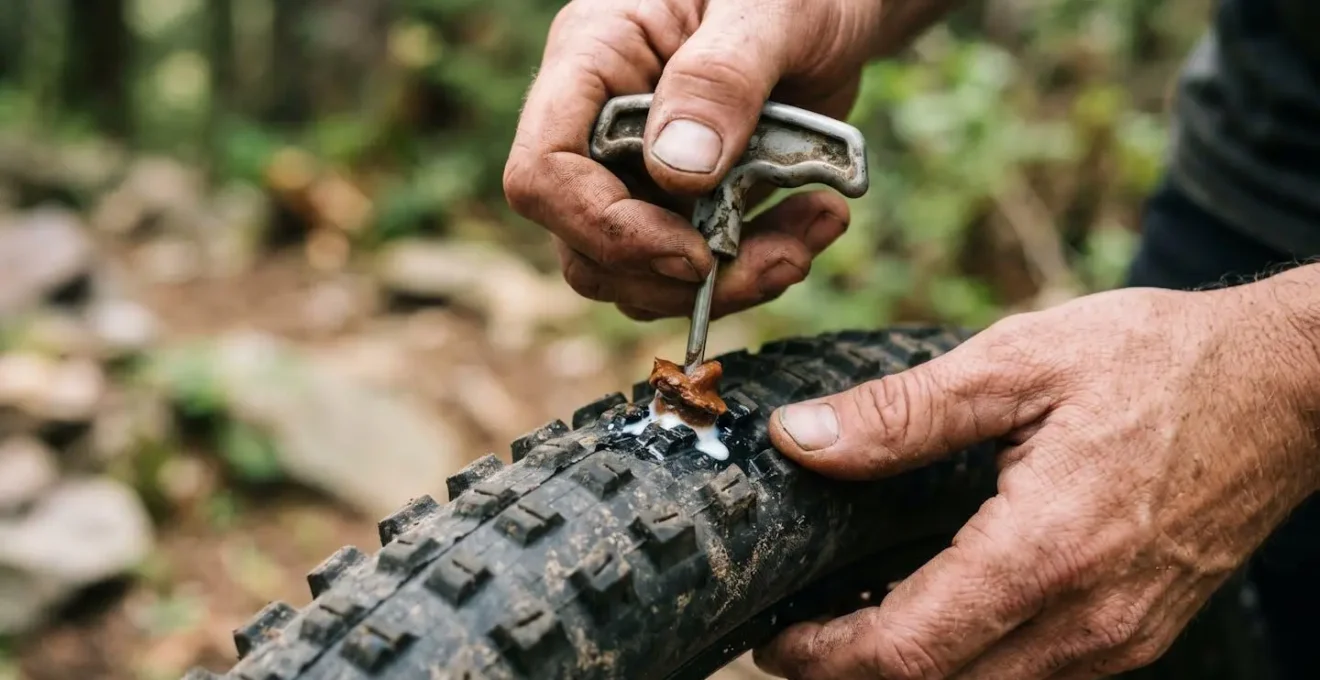 Close-up of hands performing tubeless tire plug repair on mountain bike wheel in backcountry setting