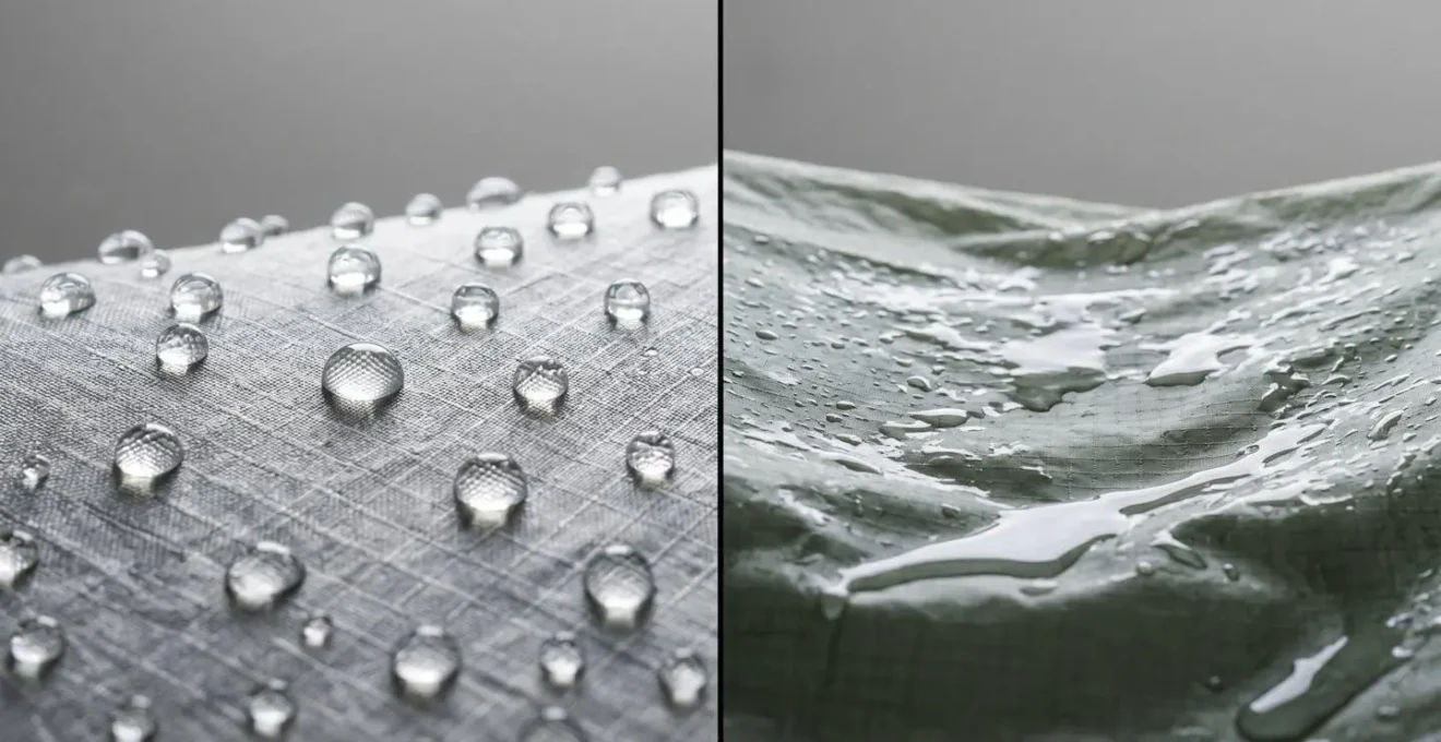 Macro view comparing water droplet behavior on Dyneema composite fabric versus silnylon tent material showing beading versus sheeting