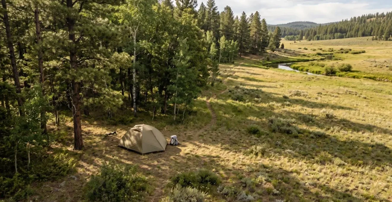 Wilderness campsite positioned with clear sightlines showing balance between visibility and refuge in natural setting