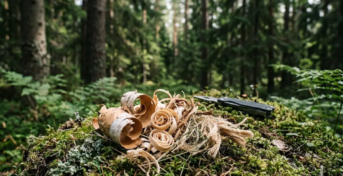 Wide environmental shot of prepared tinder materials arranged on forest floor with natural lighting and negative space emphasizing outdoor bushcraft context
