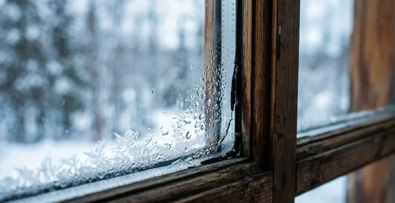 Close-up detail of window glass showing condensation between double panes