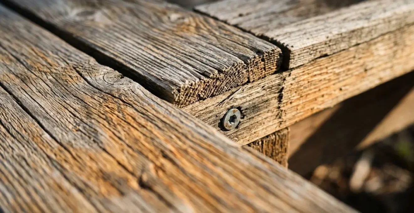 Close-up detail of wooden deck planks and structural connections showing material texture and construction joints