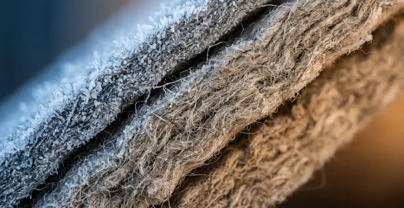 Detailed cross-section view illustrating thermal mass and heat retention properties of traditional yurt felt insulation in cold weather conditions