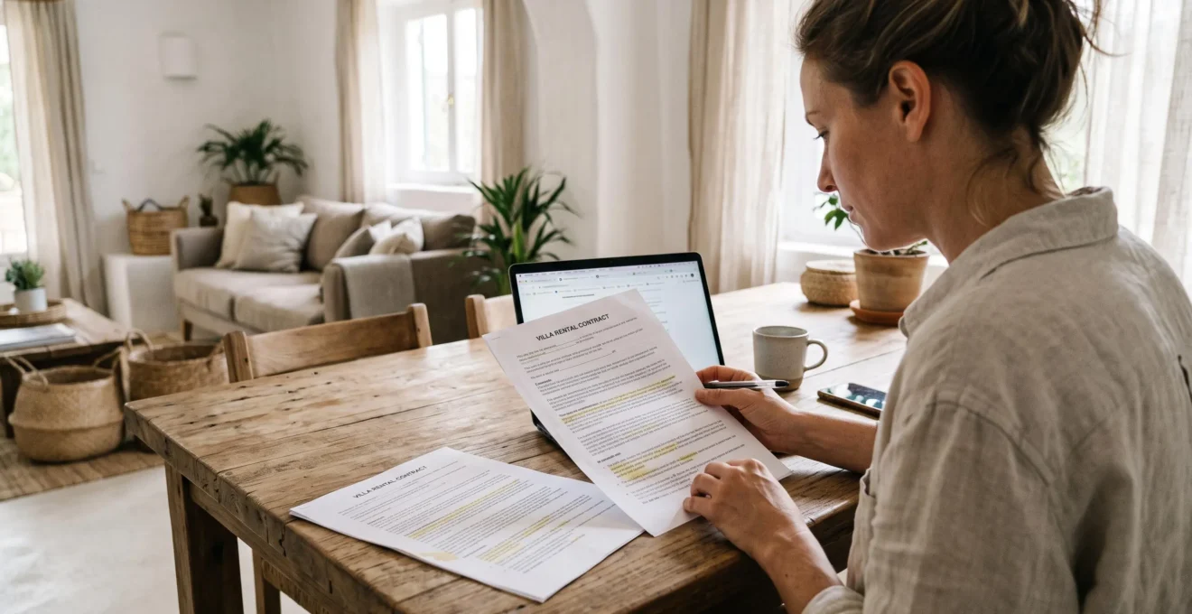A woman compares two printed villa rental contracts at a table.