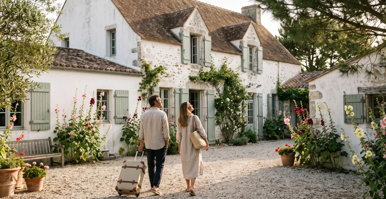 A couple with luggage arrives at a luxury stone villa on Île de Ré.